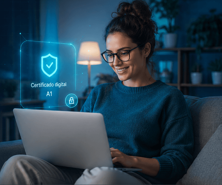 Pessoa sorrindo, confortável em casa, validando o certificado digital pelo notebook no sofá